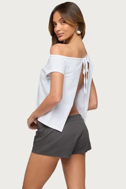 Off Shoulder Split Open Back Top - Short Sleeve Cotton Spandex