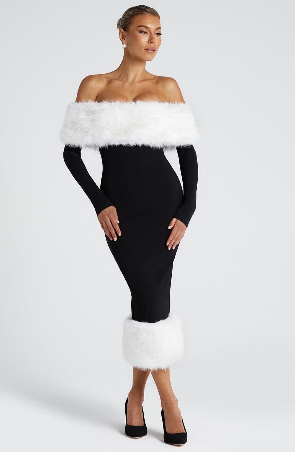 Vittoria Midi Dress Black White Stretch Crepe Bardot Neckline Faux Fur Trim