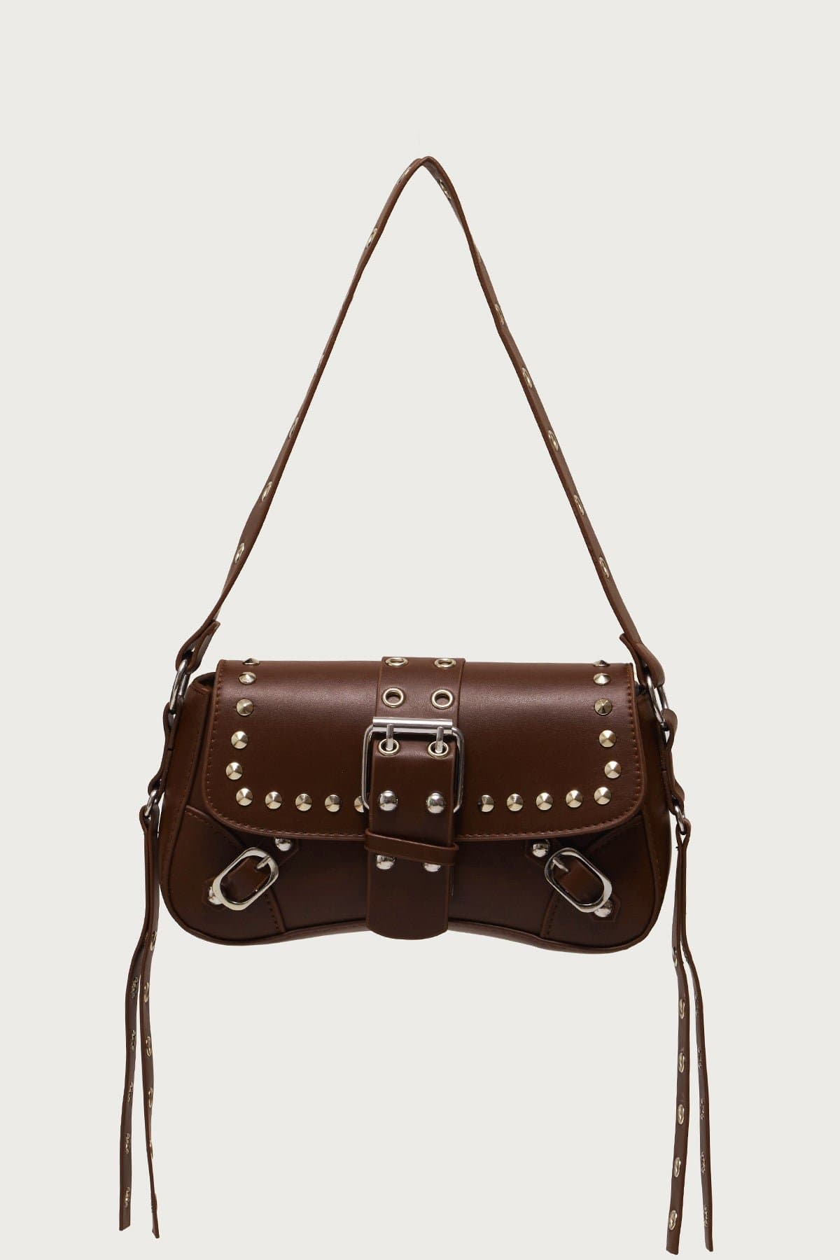 Stud & Buckle Faux Leather Bag - Polyurethane Rayon 8.7"W x 5.5"H x 4.3"D
