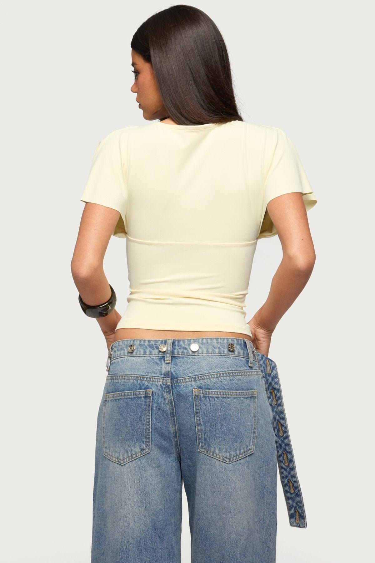 Flutter Plunging V Neck Top - Fitted Polyester Spandex