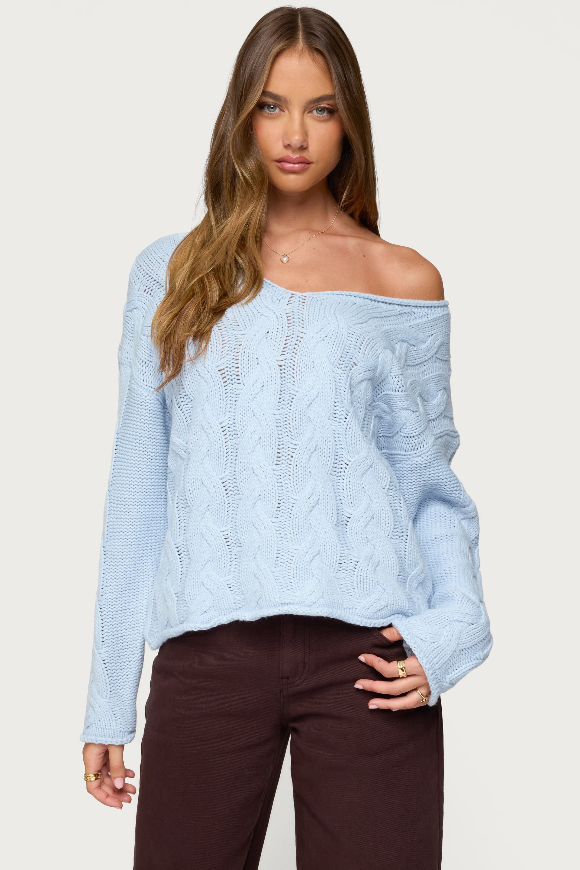 Inga Oversized Cable Knit Sweater - Deep V Neck Acrylic Sweater