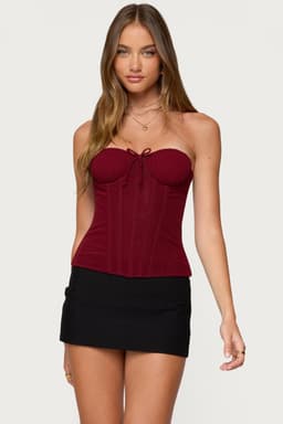 Guinivere Smocked Strapless Corset Top - Polyester Spandex Mesh Boned Bodice