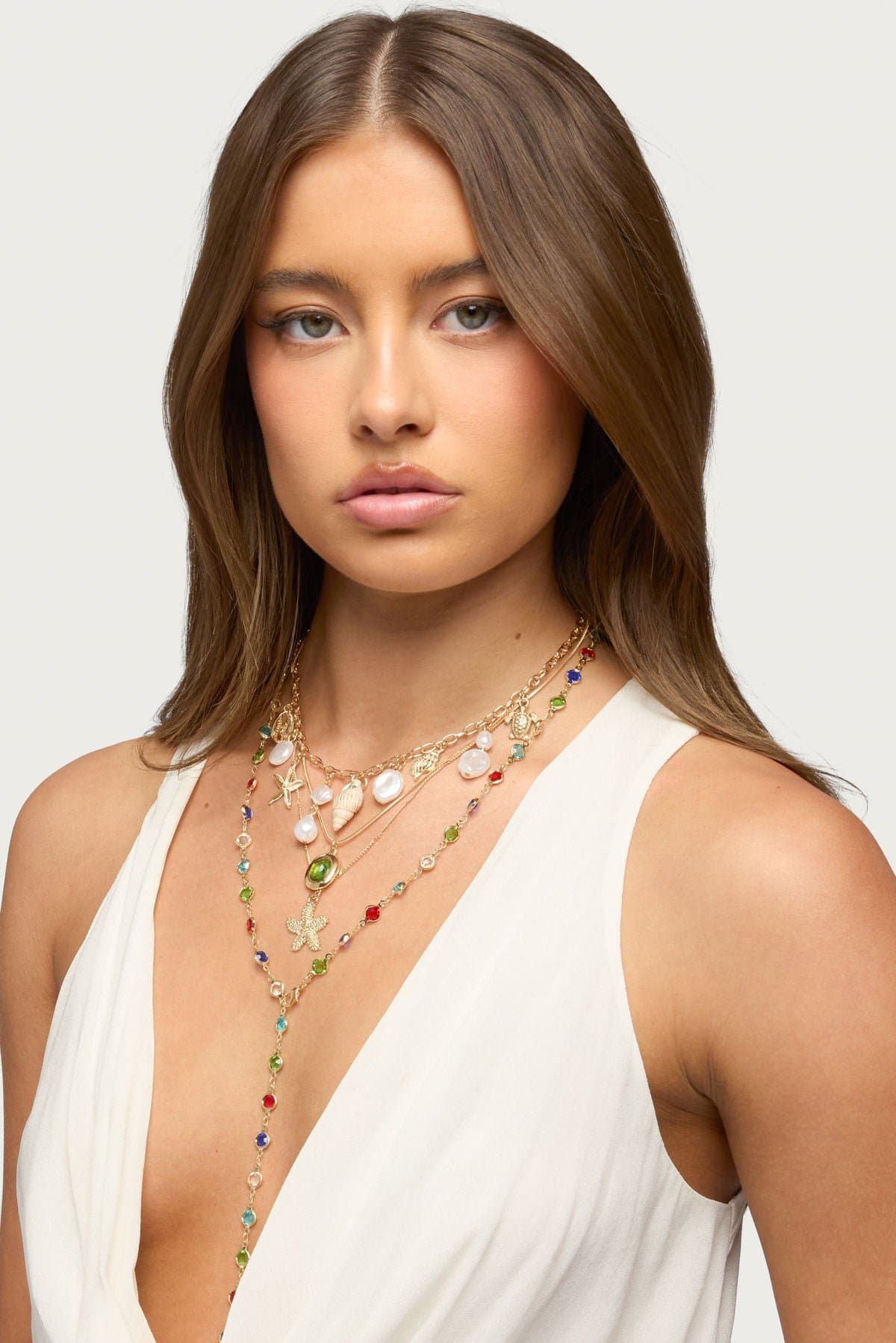 Under The Sea Cascading Necklace Set Layered Gold Tone Coastal Charms Gemstone 14-28 Inch