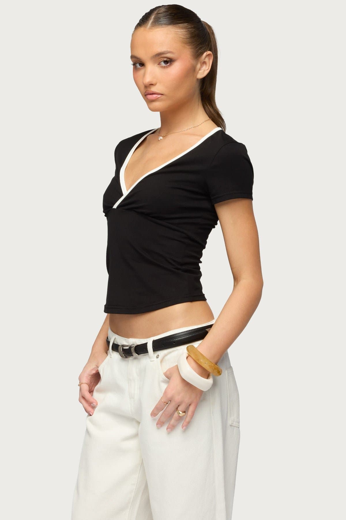 Yulenna Contrast V Neck Top with Wrap Detail - Cotton Spandex