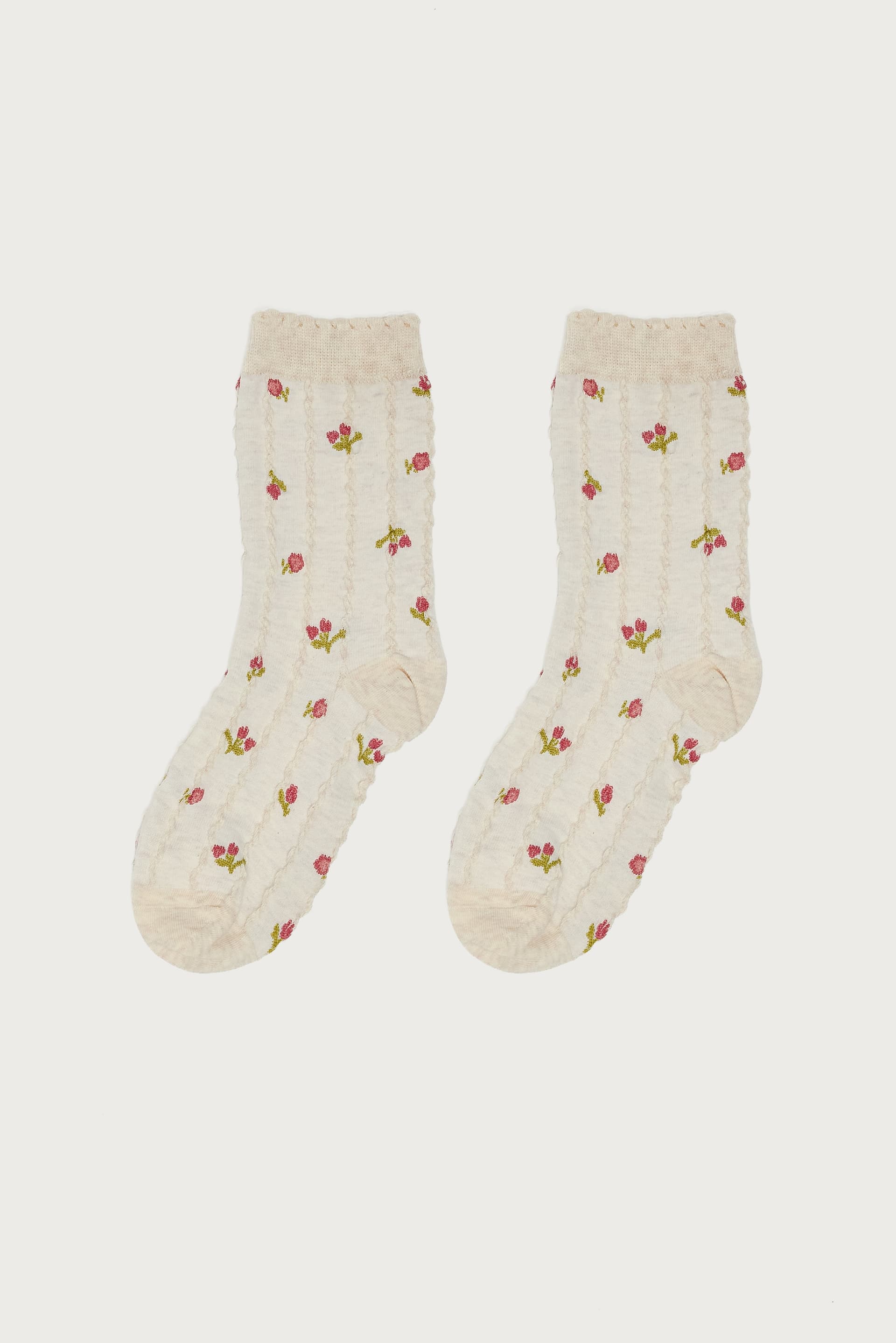 Embroidered Rose Socks with Frill Trim - Cotton Nylon Spandex Blend 11.4in Length