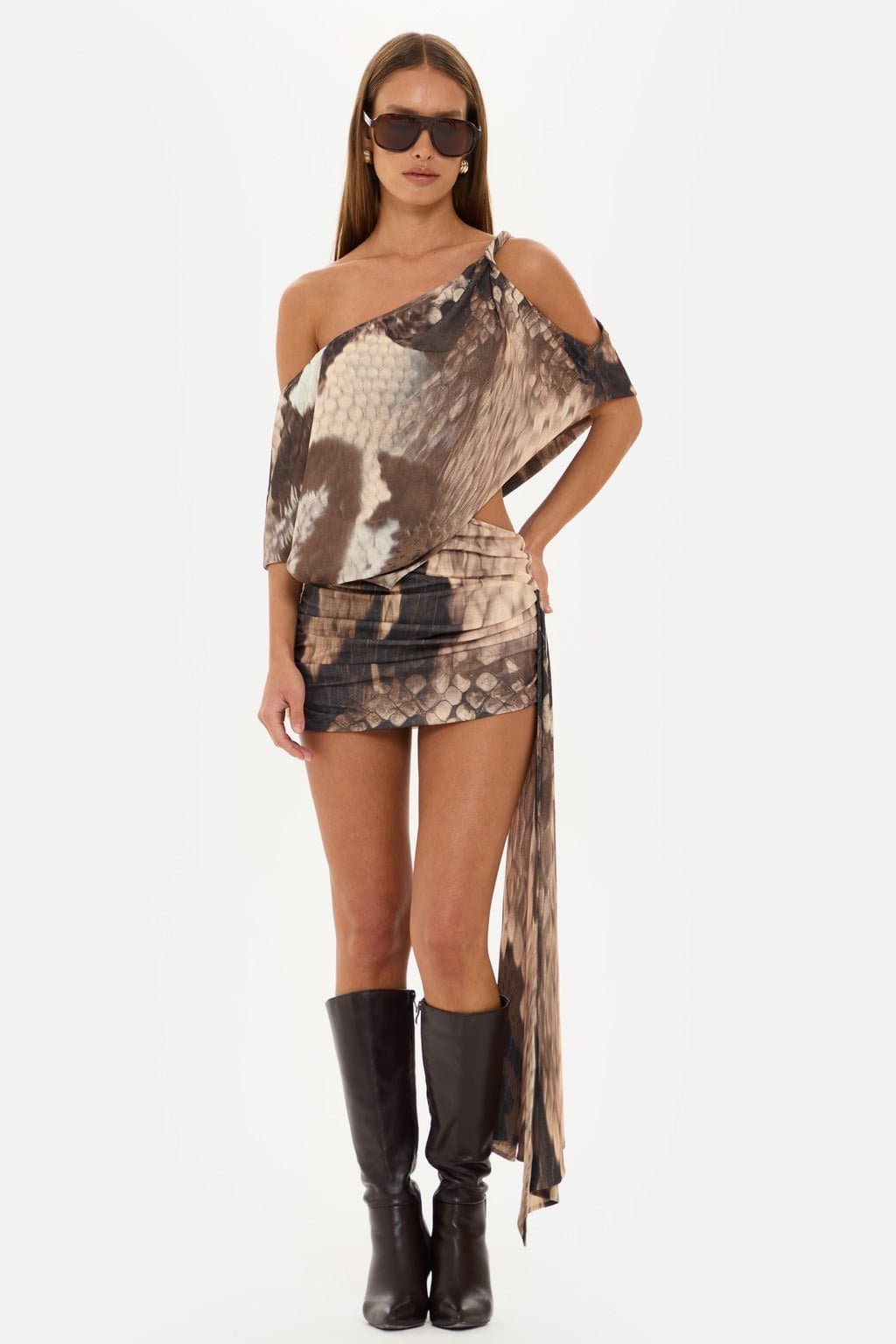 COCO Asymmetric Off Shoulder Snake Print Mini Dress with Ruched Skirt
