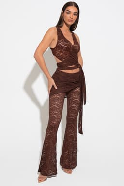 Adina Brown Lace Flare Leg Trouser Co-ord Set with Wrap Top