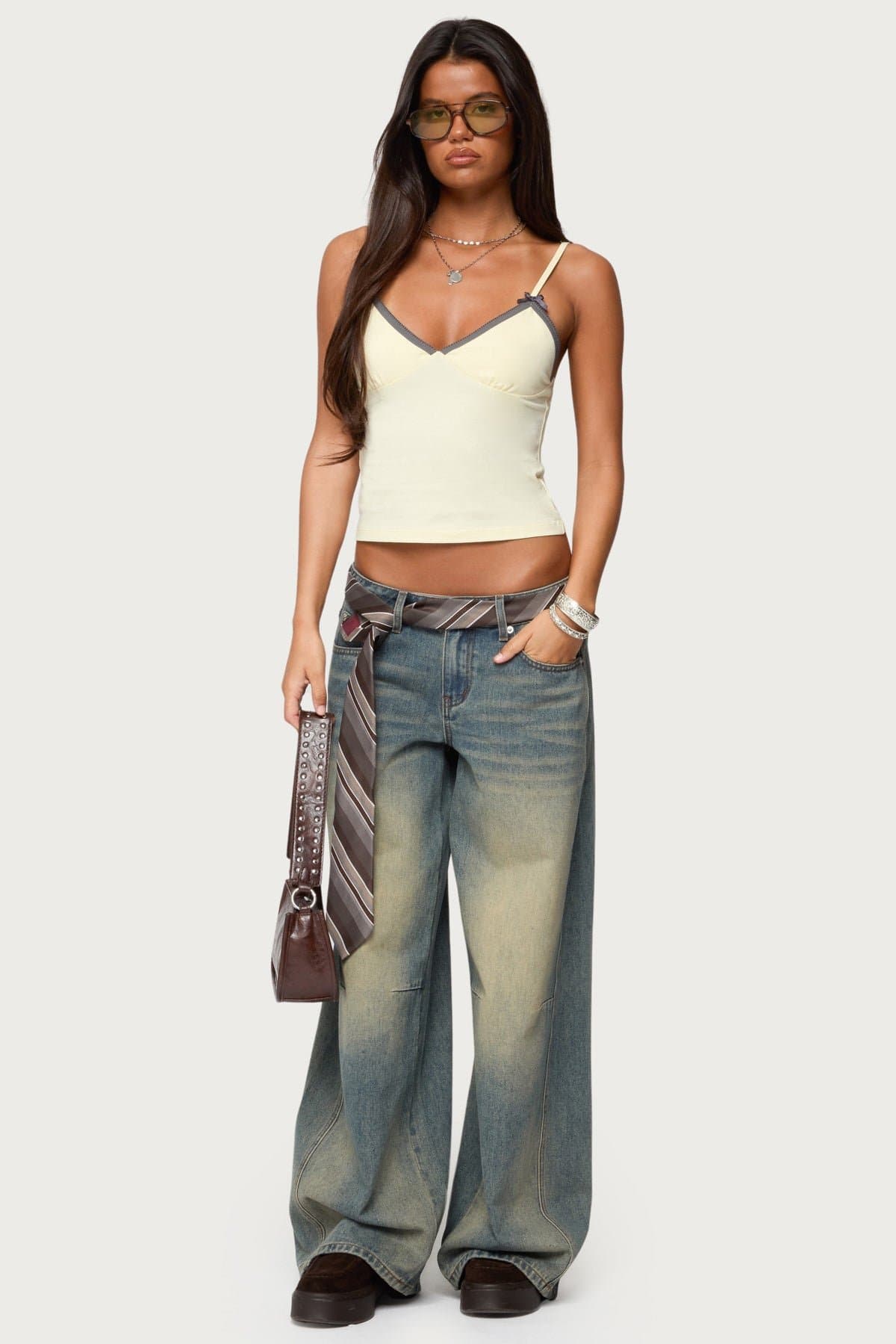 Ruelle Contrast Frill Tank Top - Adjustable Straps, V-Neck, Cotton Spandex