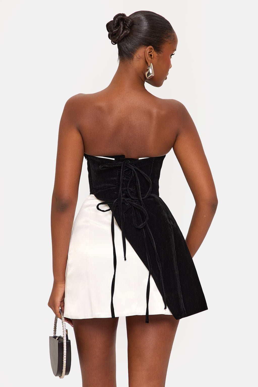 Perla Bardot Sweetheart Mini Dress White Bandeau Black Velvet Corset Lace Up