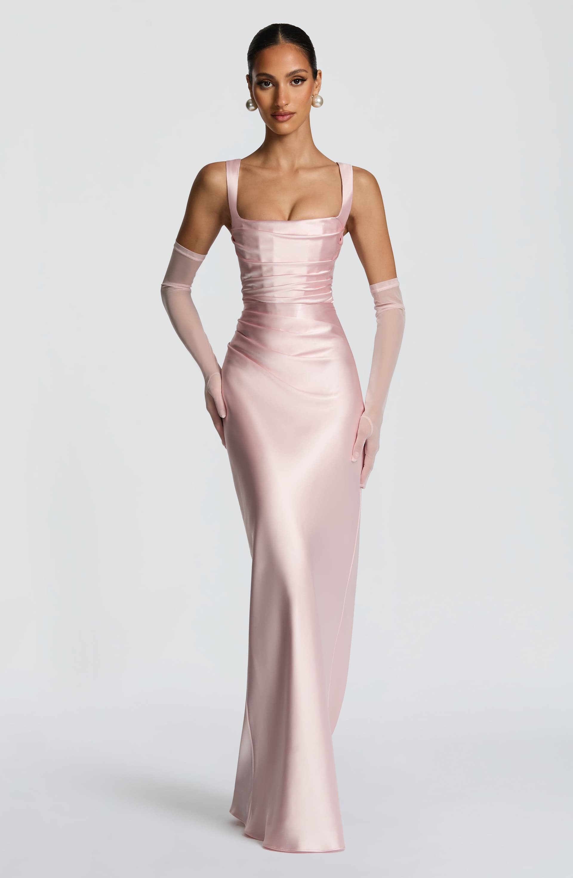 Calanthe Maxi Dress - Blush Satin Square Neckline Lace-Up Back
