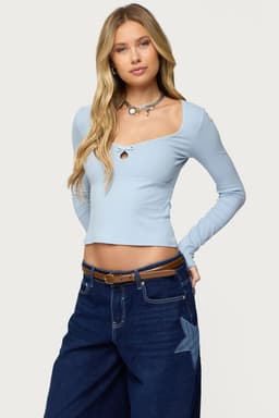 Madder Keyhole Cutout Long Sleeve Top with Bow Detail, Rayon Spandex