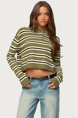 Shelby Striped Polo Sweater - Acrylic Knit Rugby Shirt with Classic Collar and Buttons