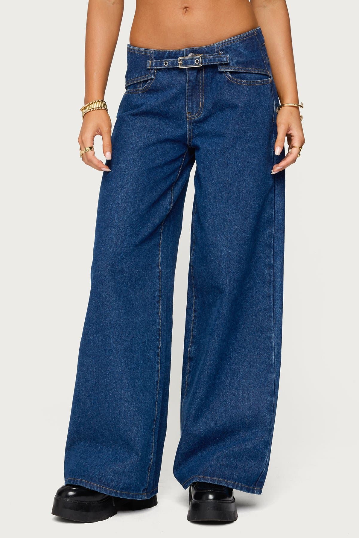 Edie Belt Detail Low Rise Baggy Jeans Wide Leg 100% Cotton Rigid Denim