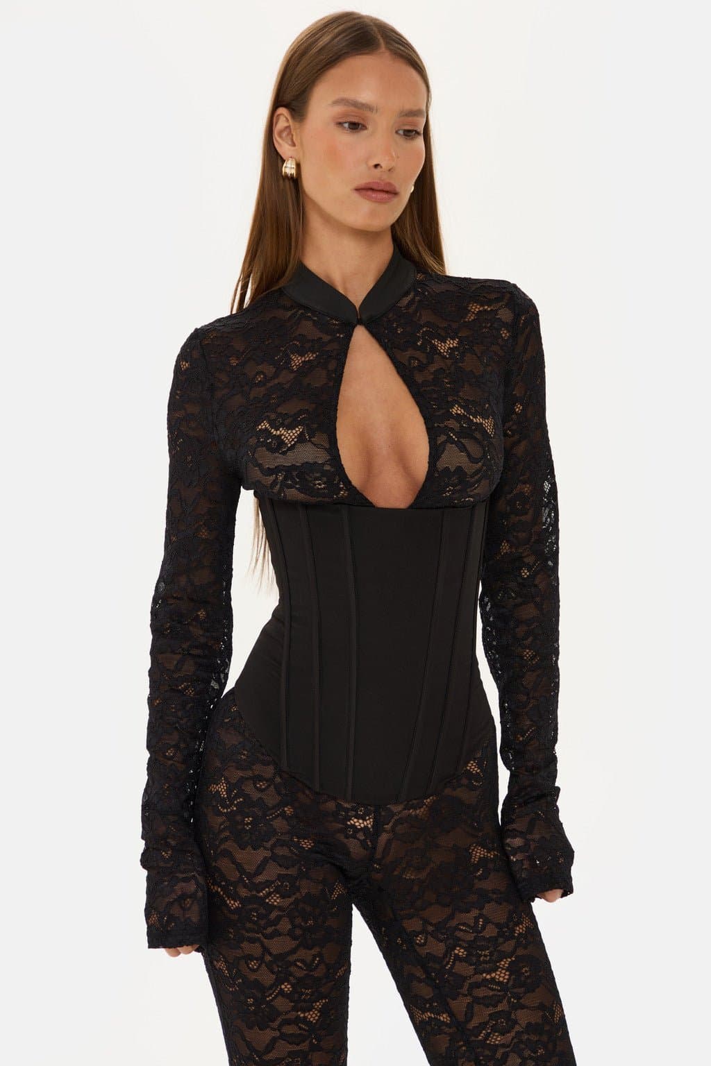 Jagger Long Sleeve Lace Capri Jumpsuit with High Neck and Corset Boning