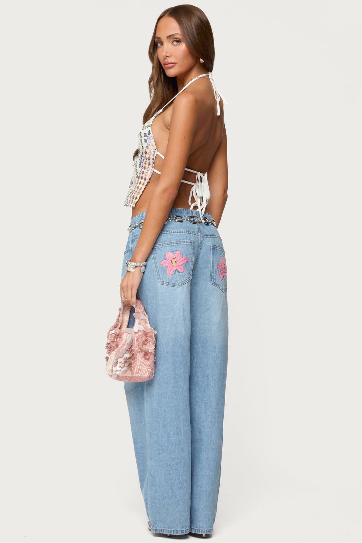 Mirra Embroidered Flower Low Rise Baggy Jeans - 100% Cotton Rigid Denim