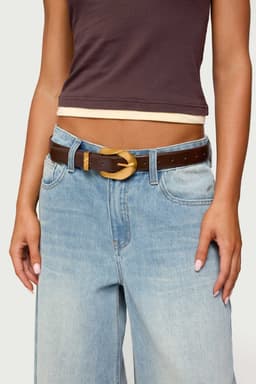 All Buckled Faux Leather Belt with Oversized Gold Tone Metal Buckle - 40.9 Inch Length