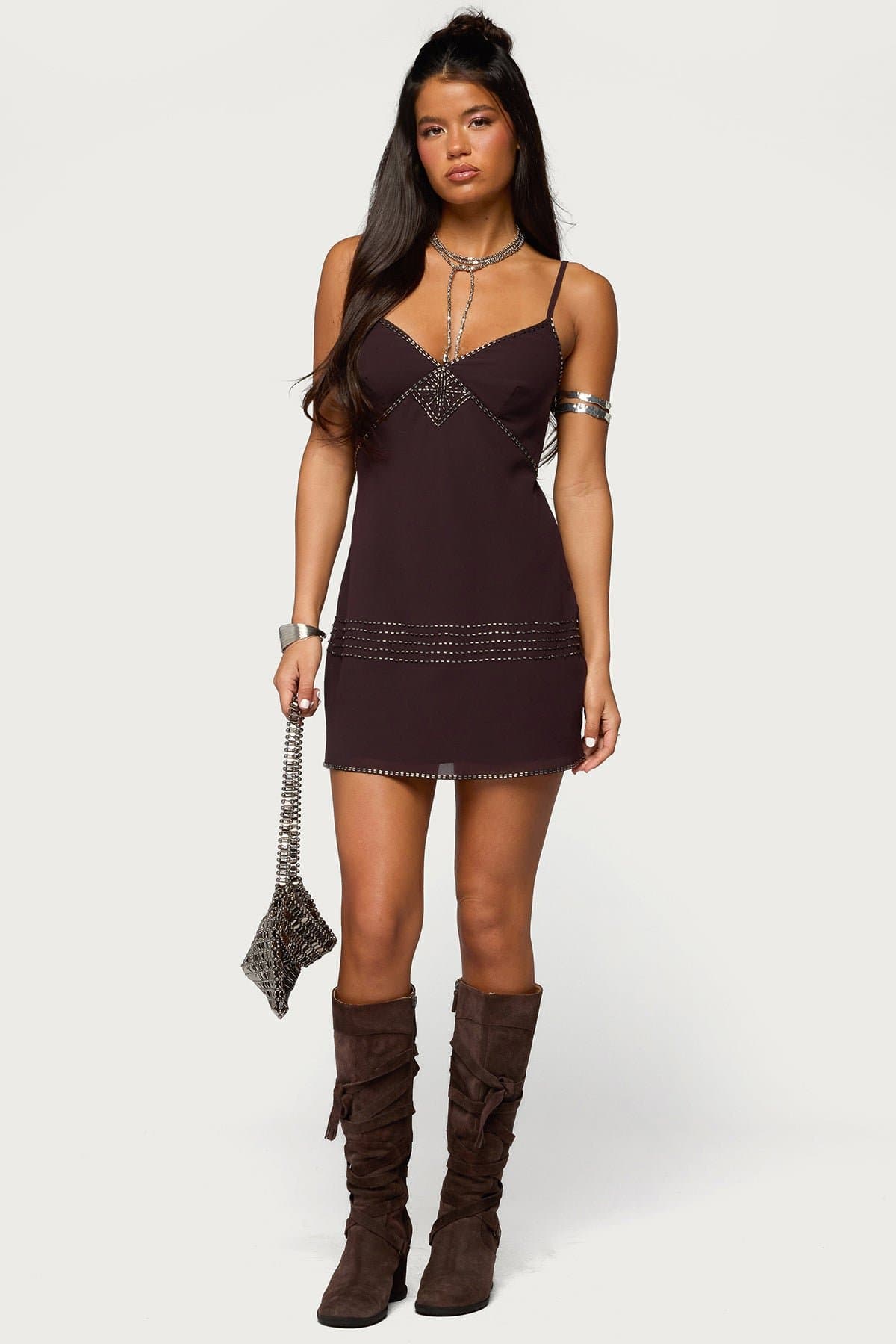 Raquelle Beaded Mini Dress - Adjustable Straps V Neck Polyester