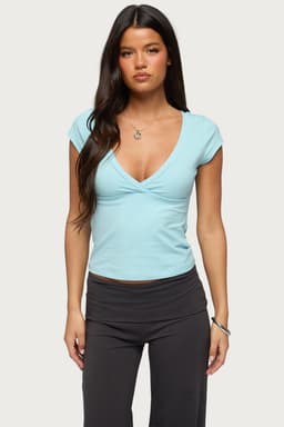 Penelopy Overlap V Neck T-Shirt - Short Sleeve Cotton Spandex Women's Top