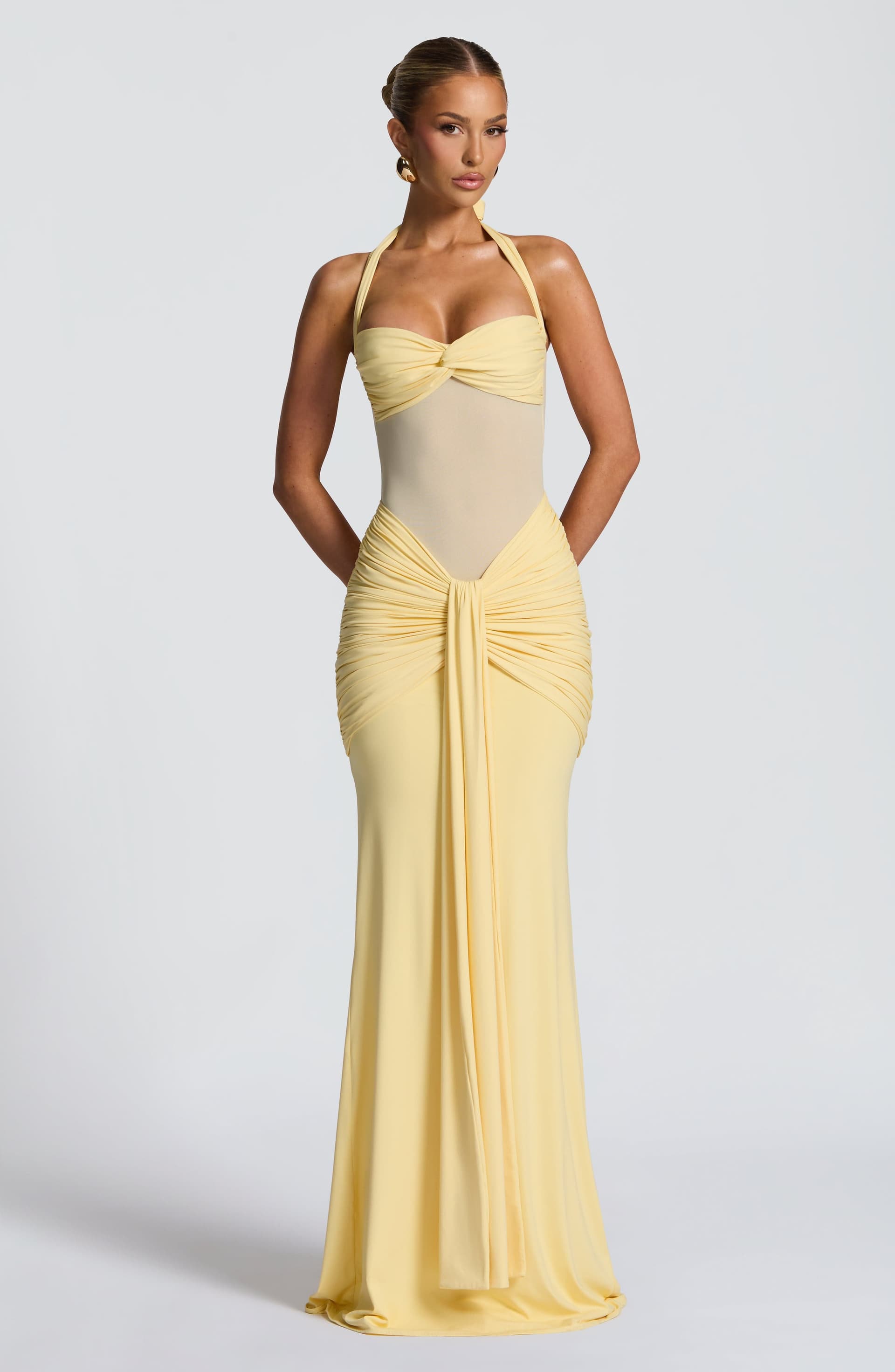 Vixen Lemon Maxi Dress - Stretch Jersey Mesh Sweetheart Halter Neckline