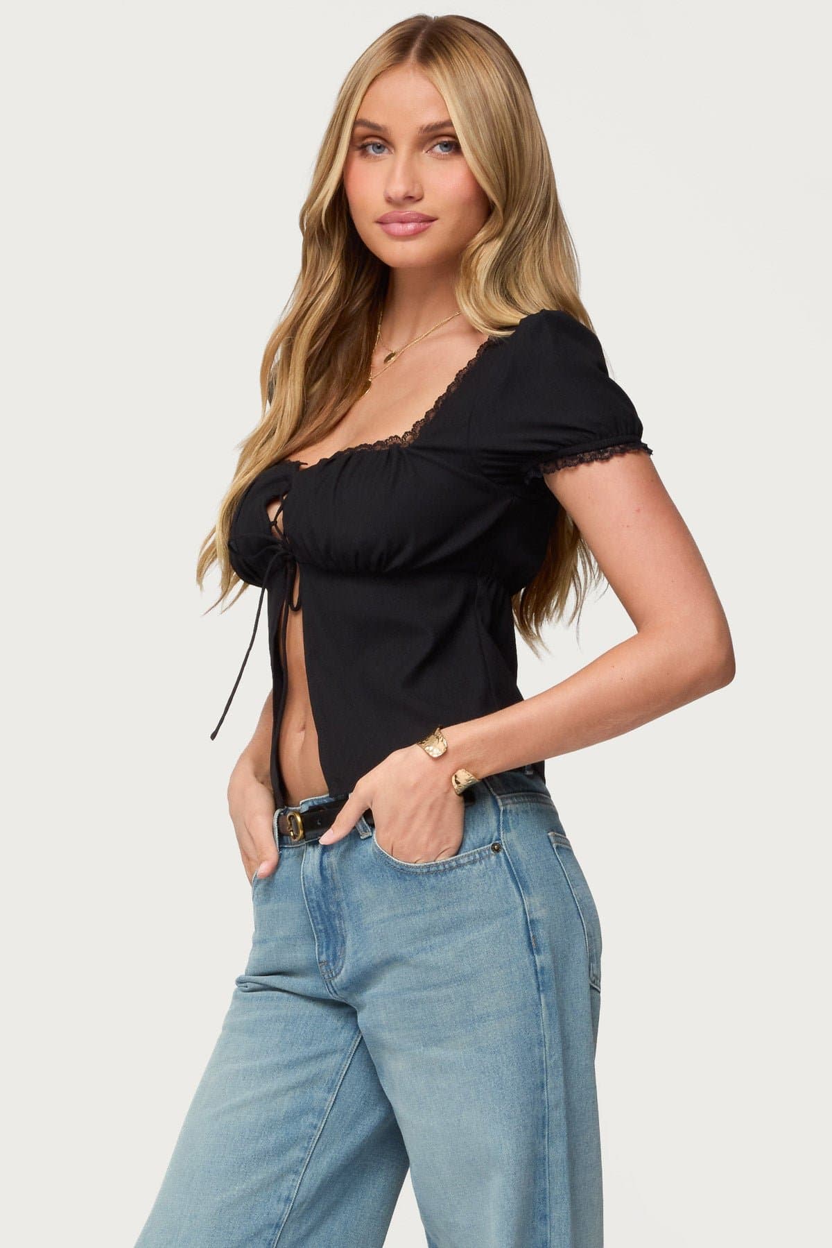 Lacey Split Front Lace Up Top - Short Puff Sleeves, Square Neckline, Polyester Woven