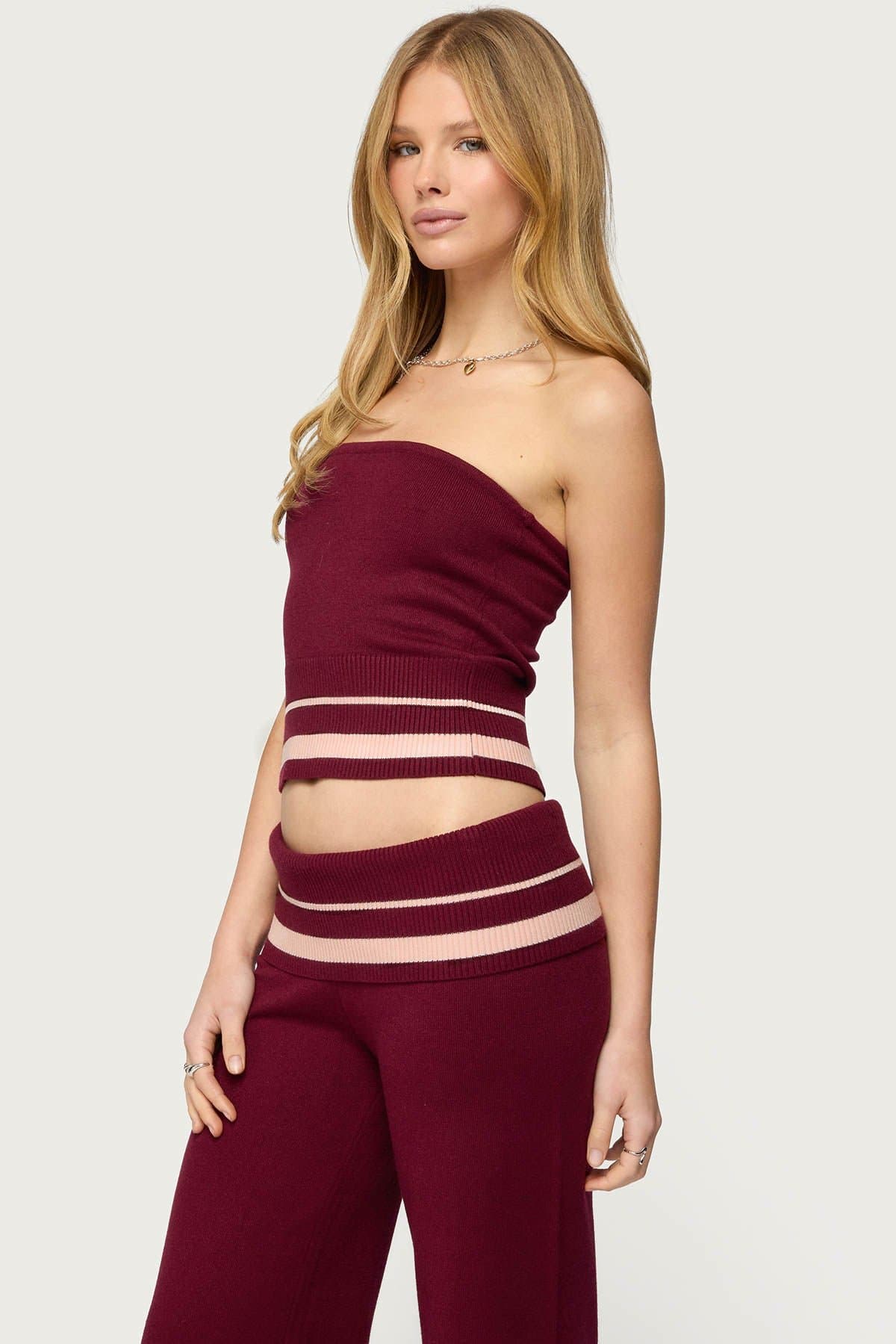 Kaliya Stripey Strapless Knit Top - Striped Hem Ribbed Detail Rayon Nylon Polyester