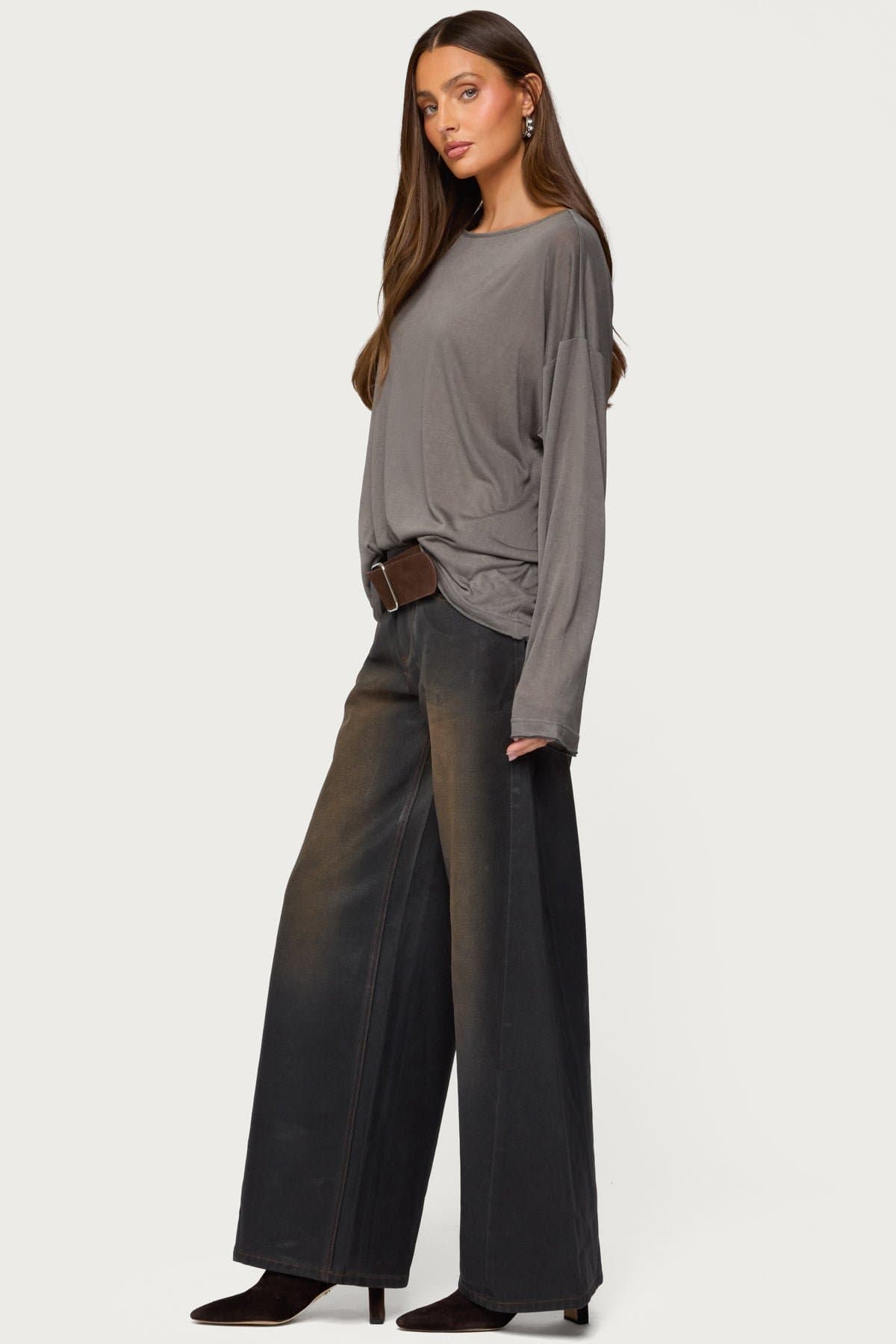 Oversized Semi Sheer Long Sleeve T-Shirt - Rayon Polyester Women's Top