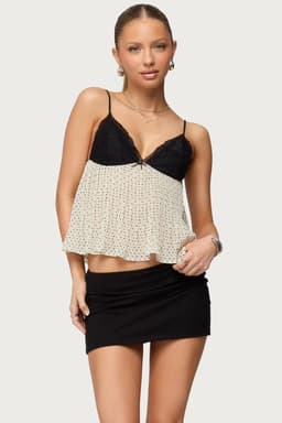 Rhian Lacey Pleated Babydoll Top - Polka Dot Chiffon Adjustable Straps Lace Bust