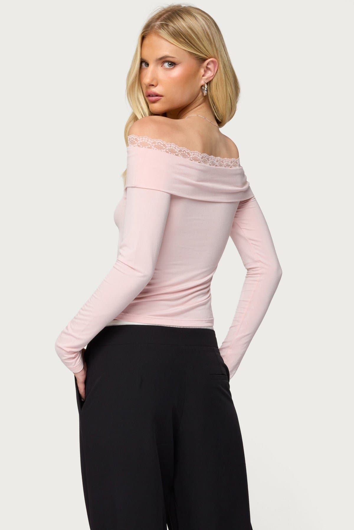 Janus Lacey Fold Over Off Shoulder Top - Long Sleeve Rayon Spandex
