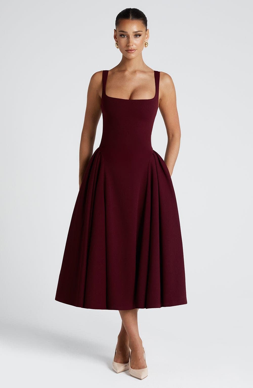 Betty Midi Dress in Cherry Lacquer - Stretch Crepe Square Neckline