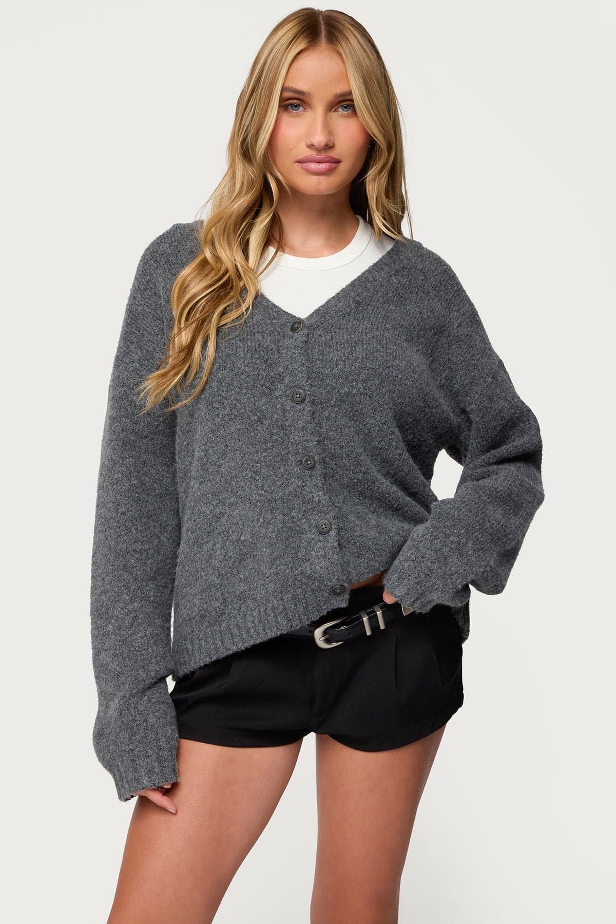 Shiraz Oversized Knit Cardigan V-Neck Button Front Polyester Acrylic Spandex
