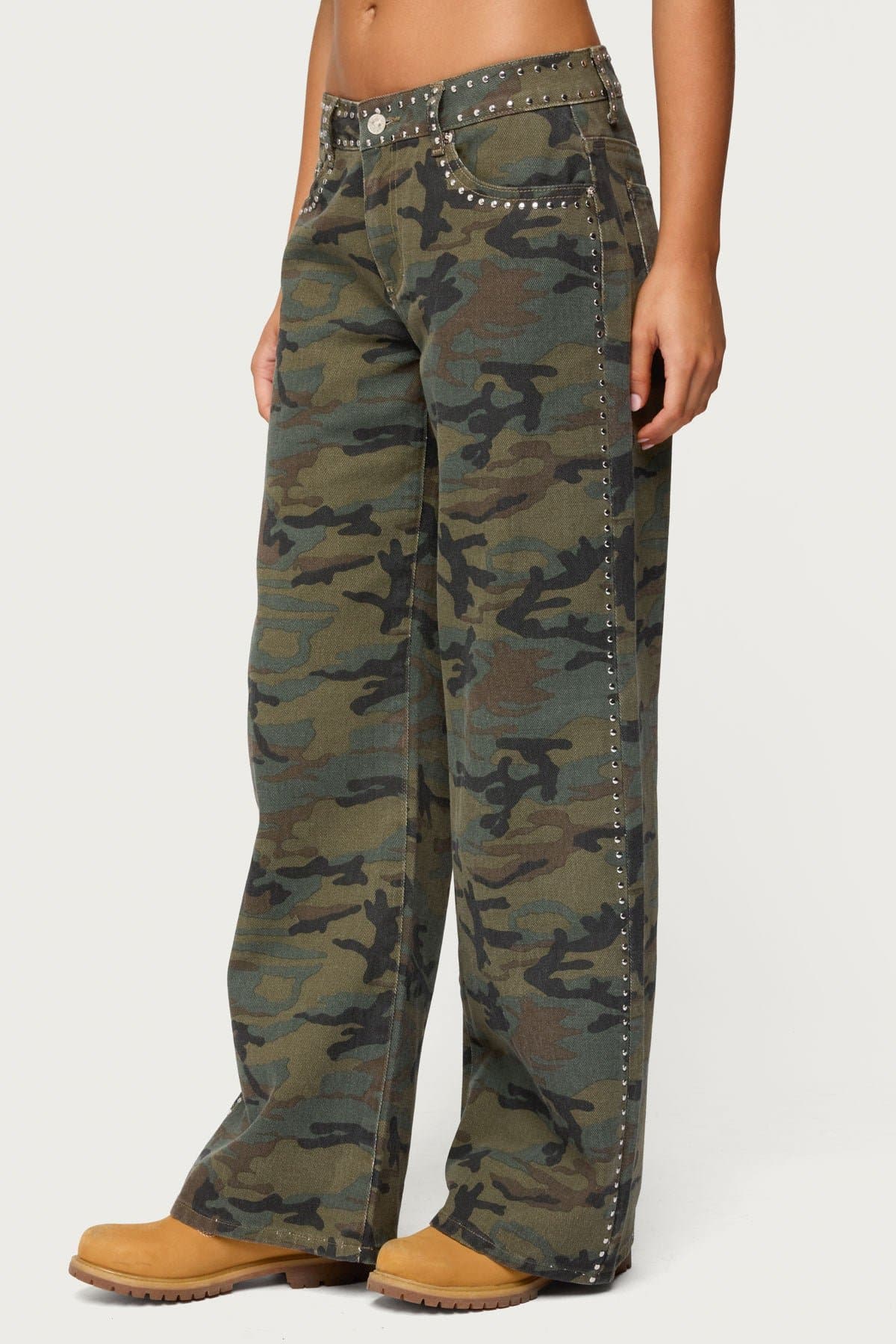 Quincy Studded Low Rise Baggy Jeans - Camo Print 100% Cotton Rigid Denim