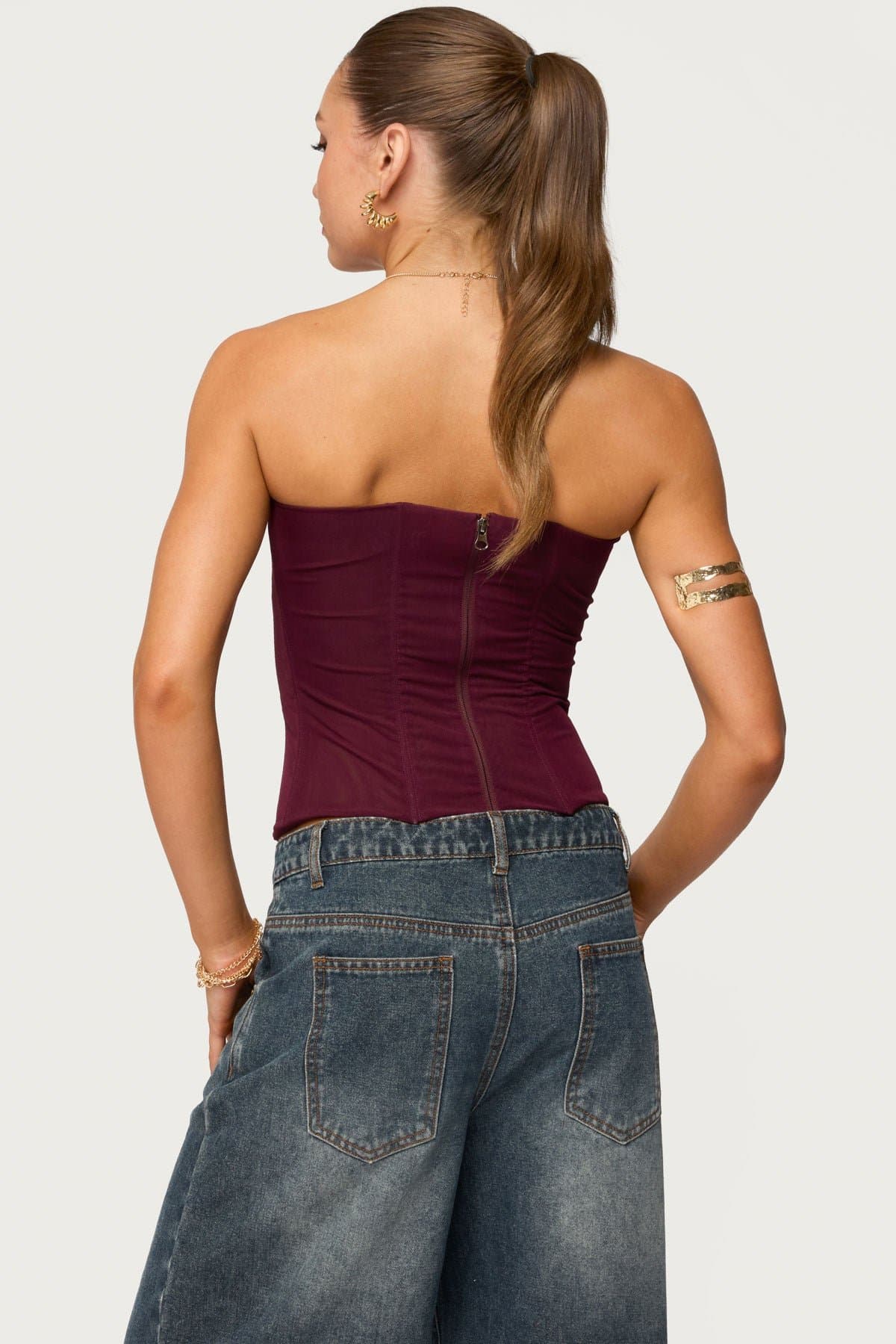 Reed Sheer Mesh Strapless Boned Corset Polyester Spandex Black