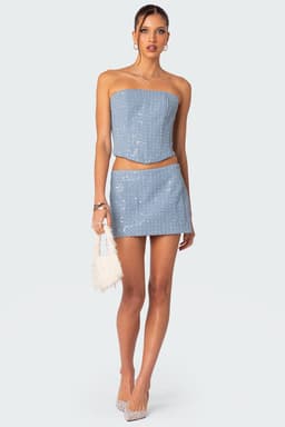 Icing Sequined Denim Mini Skirt - Cotton Spandex Side Zip