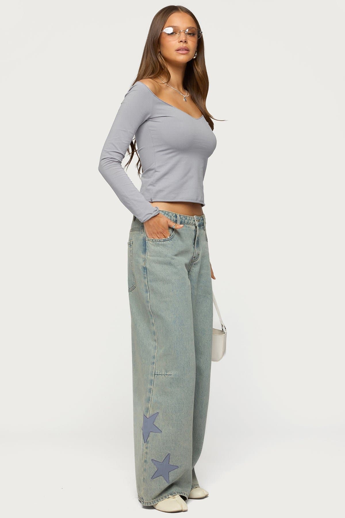 Trish Stars Low Rise Baggy Jeans with Embroidered Satin Star Patches 100% Cotton