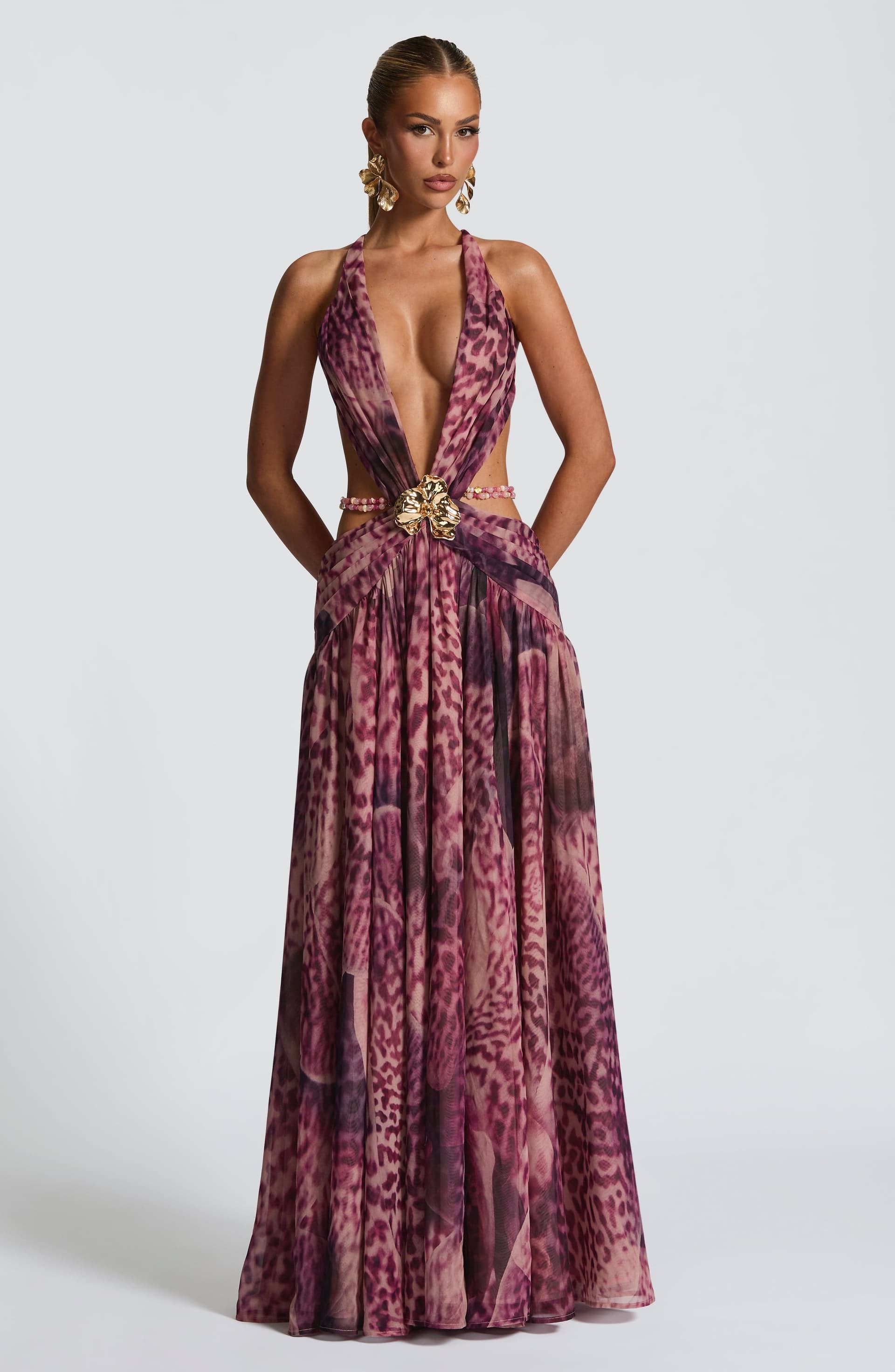 Indianna Maxi Dress Magenta Orchid Print Chiffon Plunge Neckline Backless