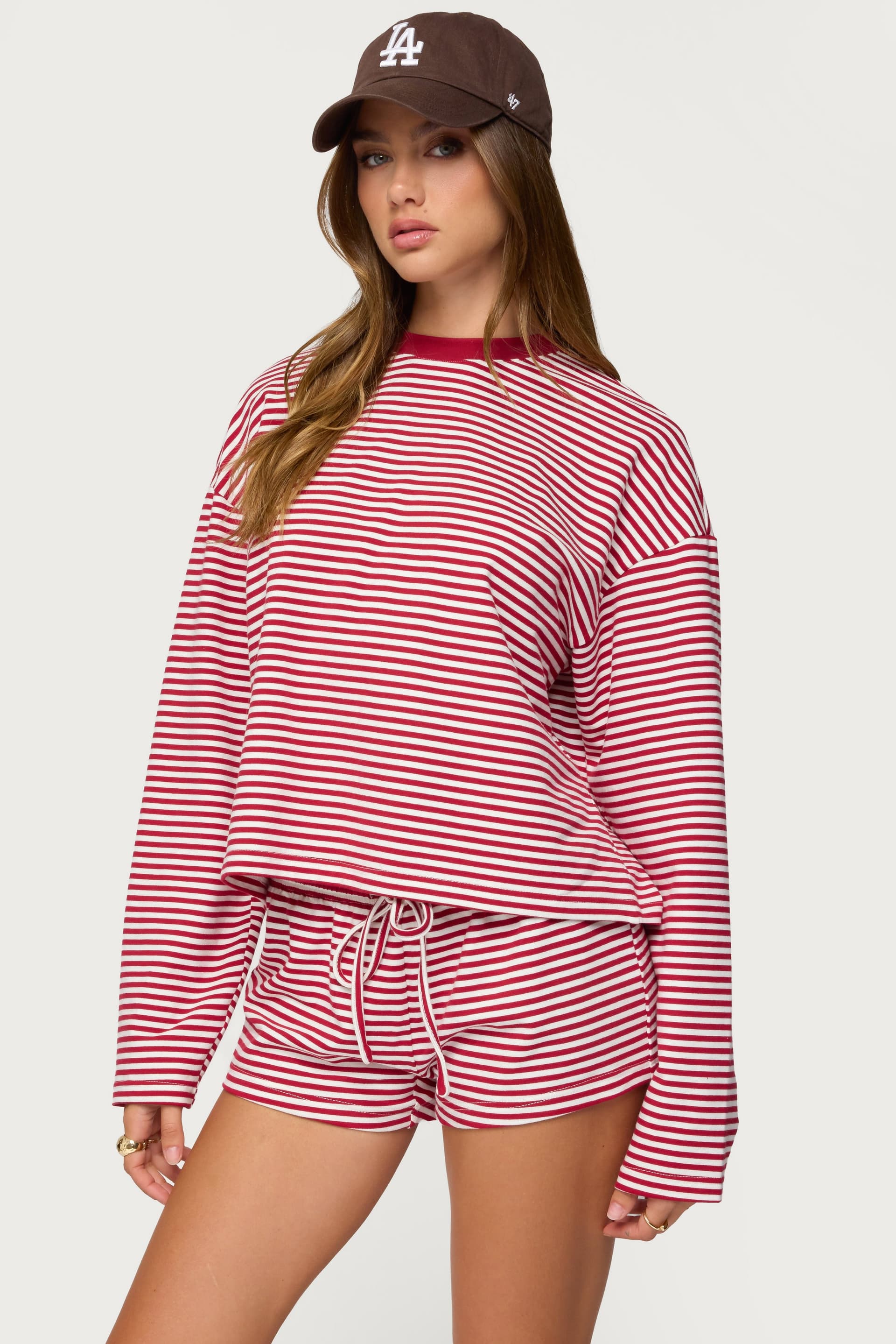 Jainee Striped Long Sleeve Oversized T-Shirt - Cotton Spandex Loungewear