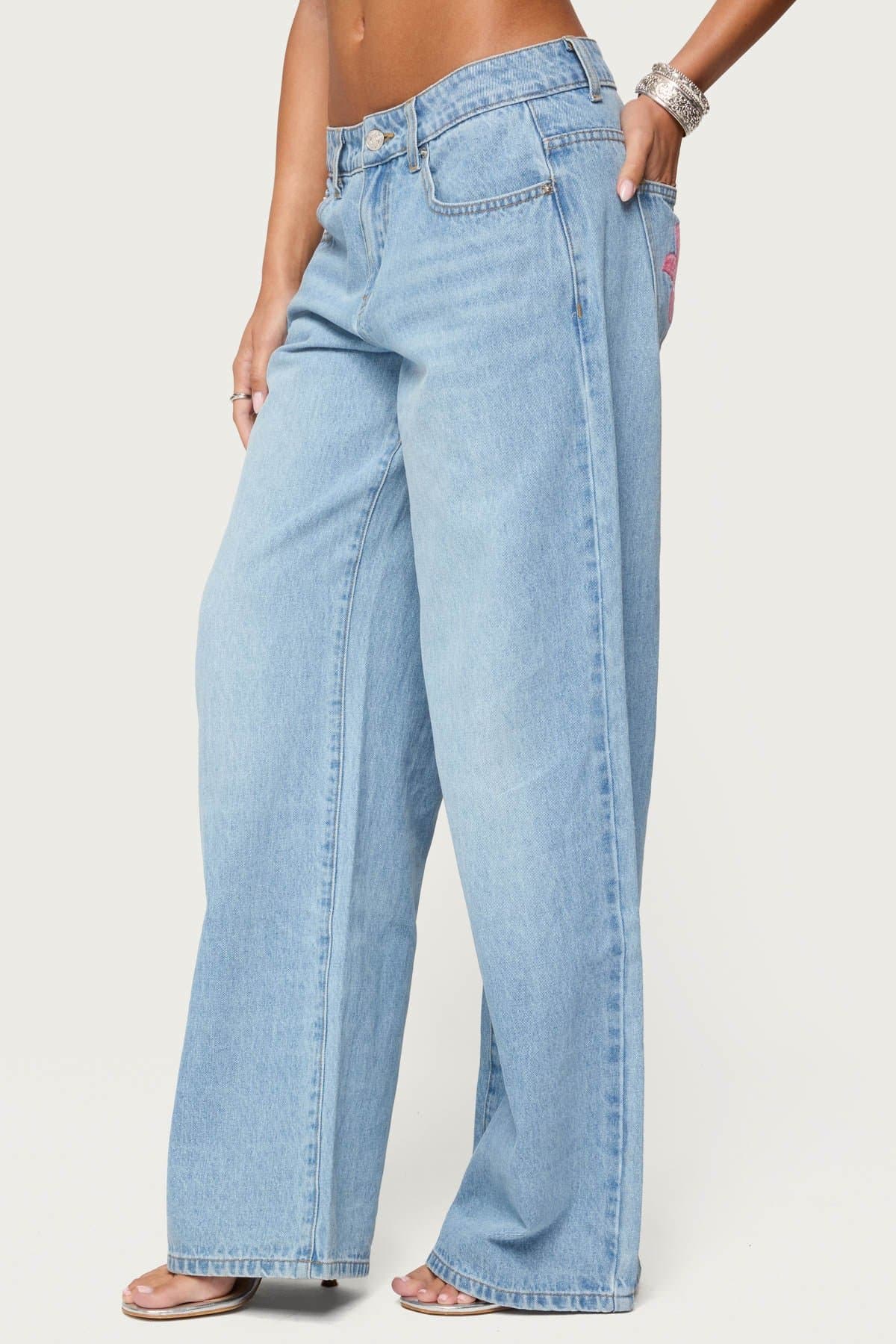 Mirra Embroidered Flower Low Rise Baggy Jeans - 100% Cotton Rigid Denim