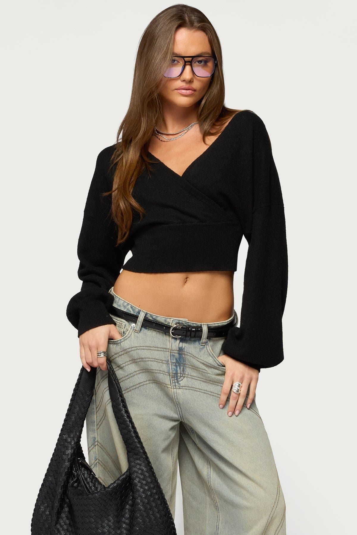 Lillia V Neck Wrap Sweater with Back Tie Closure - Cinched Waist Knit Polyester Nylon Spandex