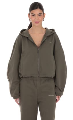 Cropped Cinch Waist Hoodie in Olive Green
