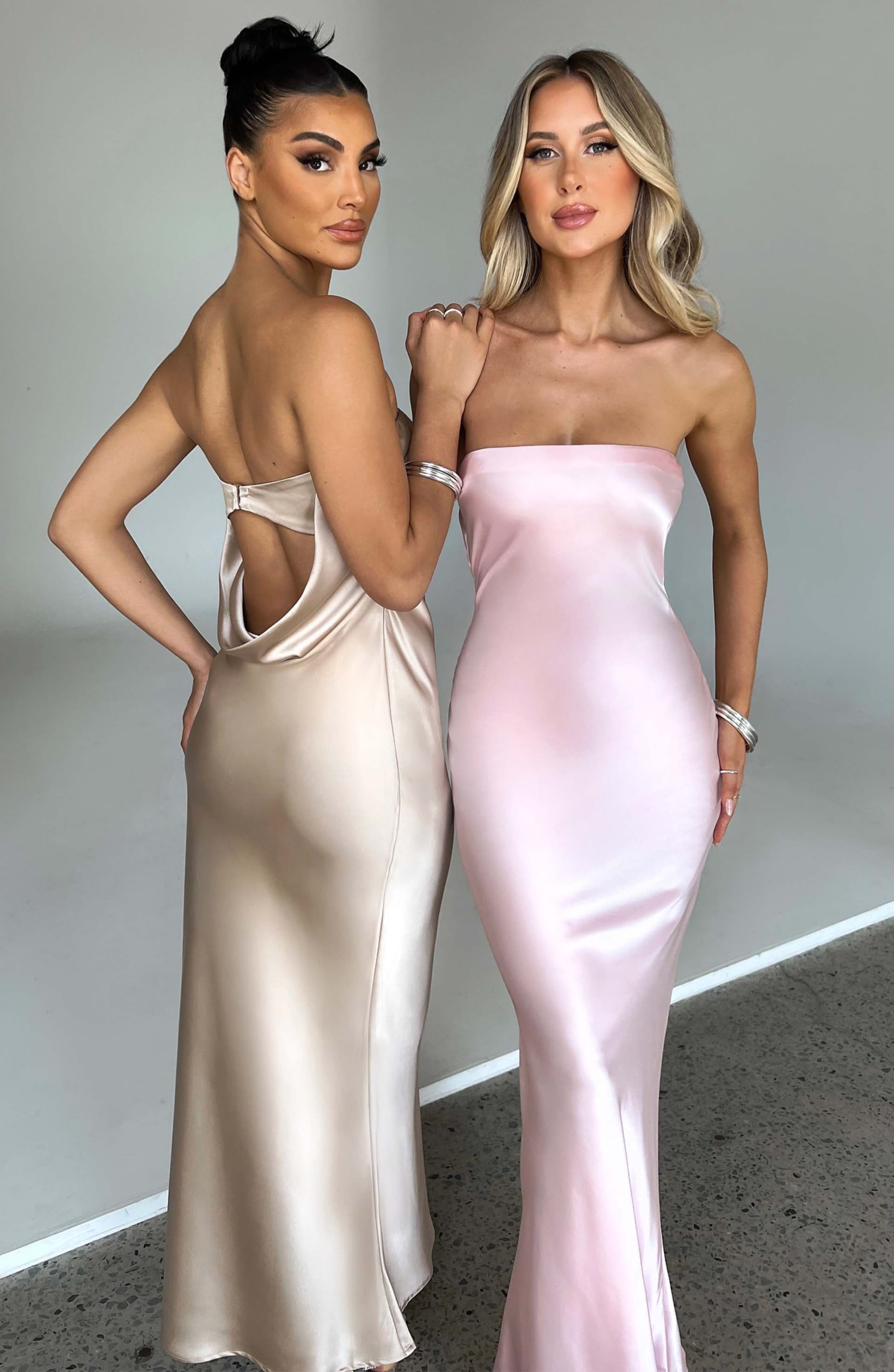 Rheanna Maxi Dress in Blush - Satin Bias Cut with Cowl Back