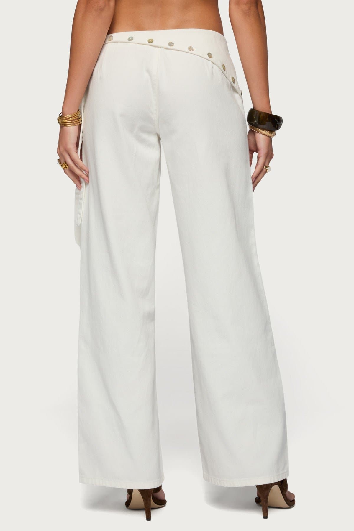 Button Foldover Low Rise Baggy Jeans - Rigid Cotton Denim, Side Zip