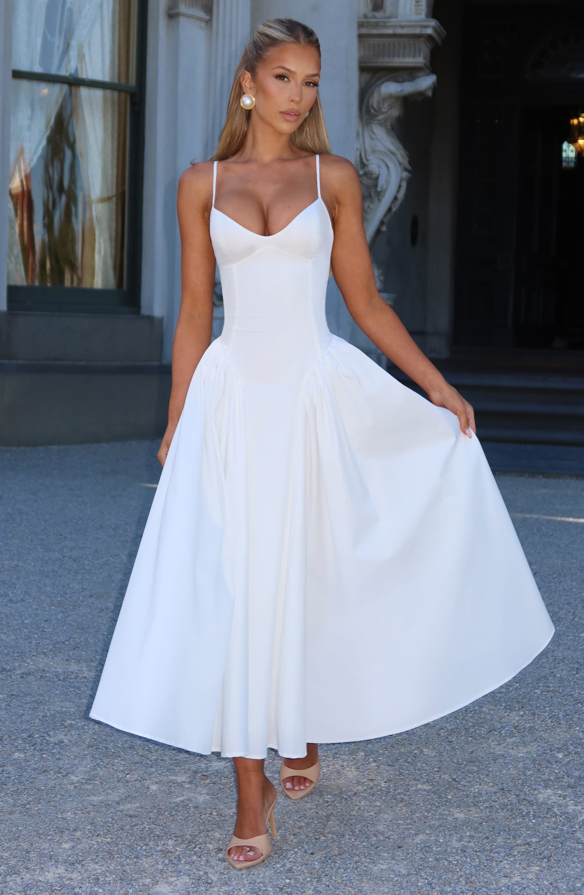 Emerson Midi Dress in Ivory - Sweetheart Neckline Lace-Up Back Dropped Waist