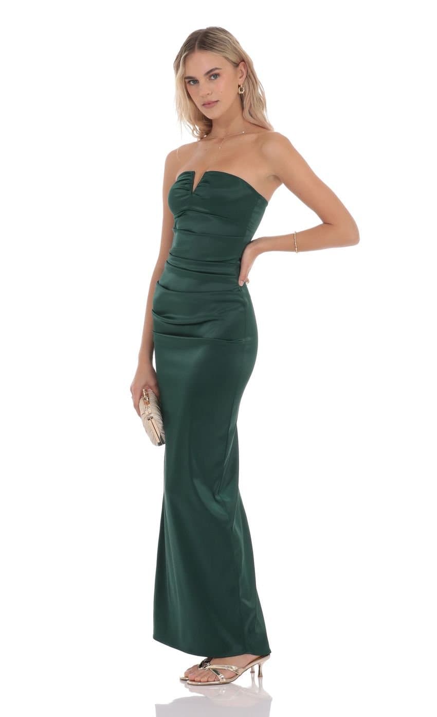 Satin V-Strapless Maxi Dress in Green