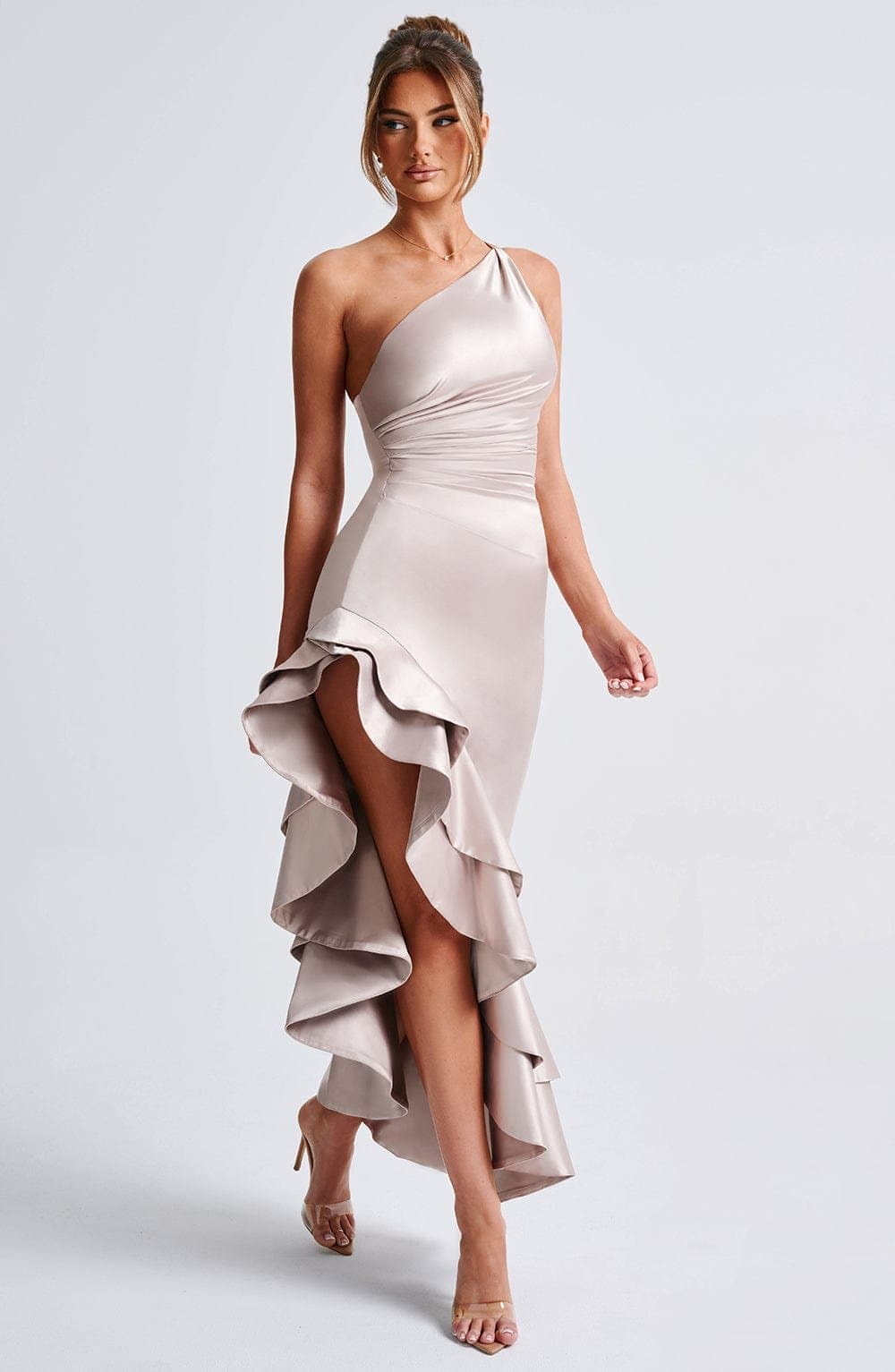 Esmeraya Champagne Maxi Dress - Stretch Satin One Shoulder Gown