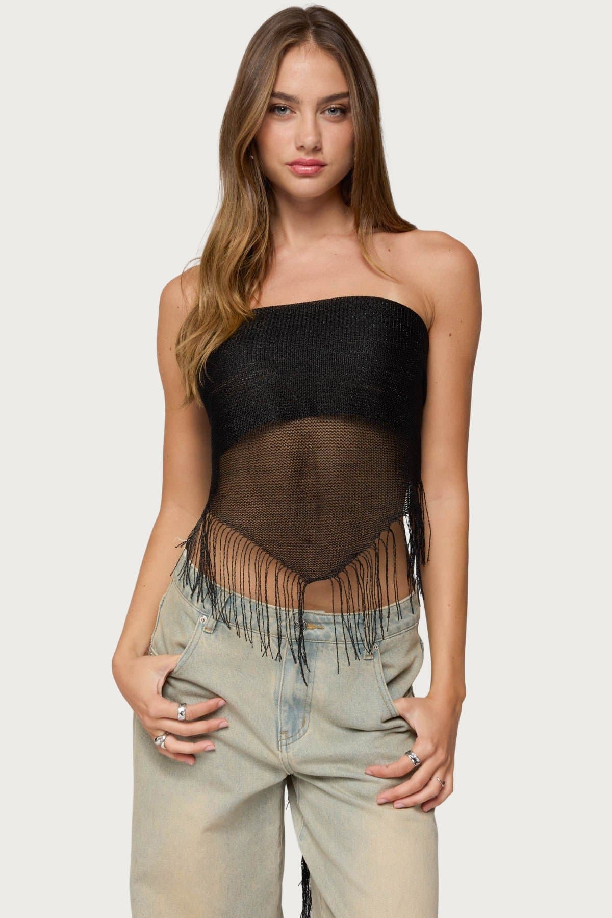 Fringed Waist Scarf with Metallic Detailing - Polyester, 74.8" Length