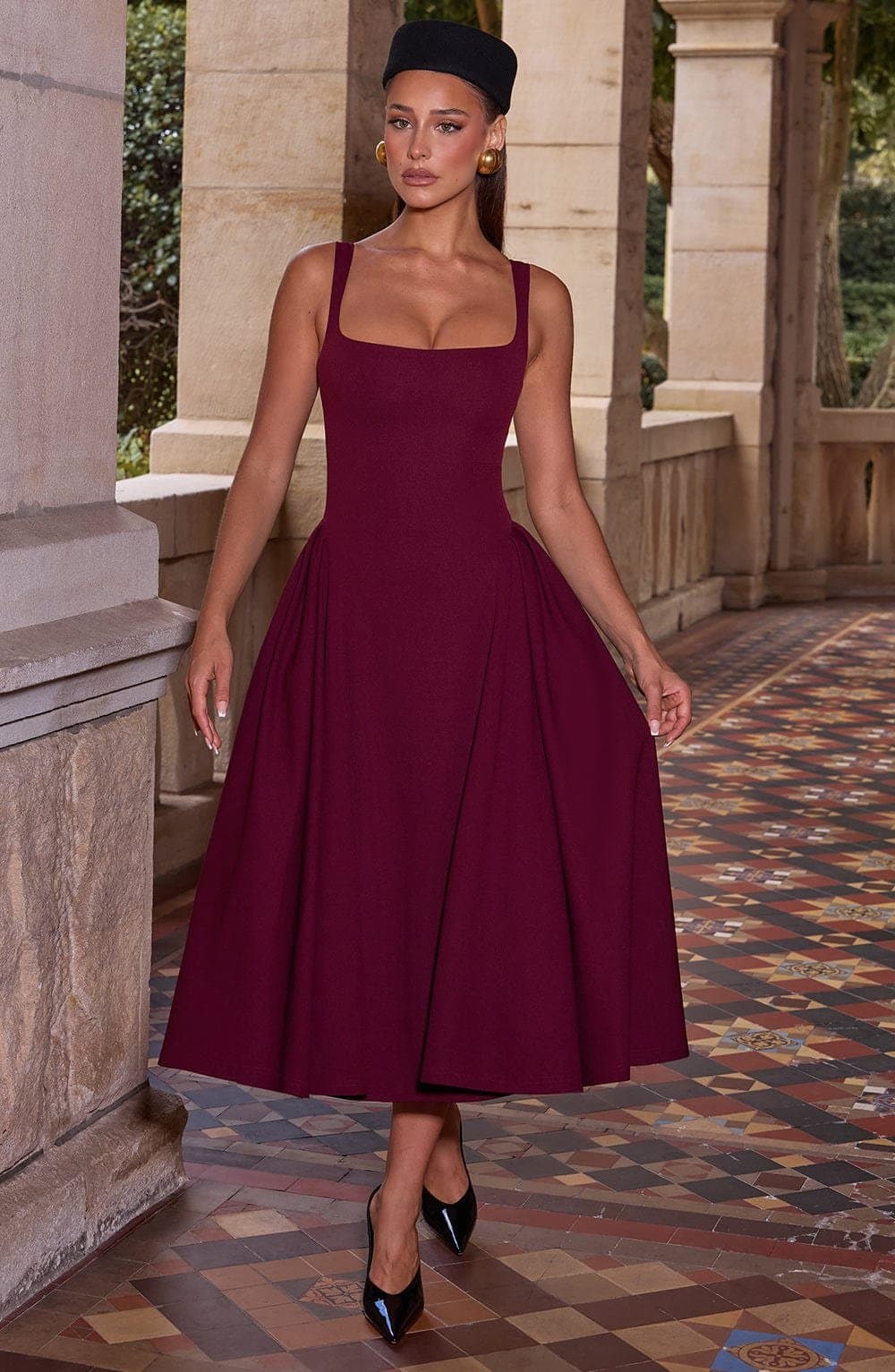 Betty Midi Dress in Cherry Lacquer - Stretch Crepe Square Neckline