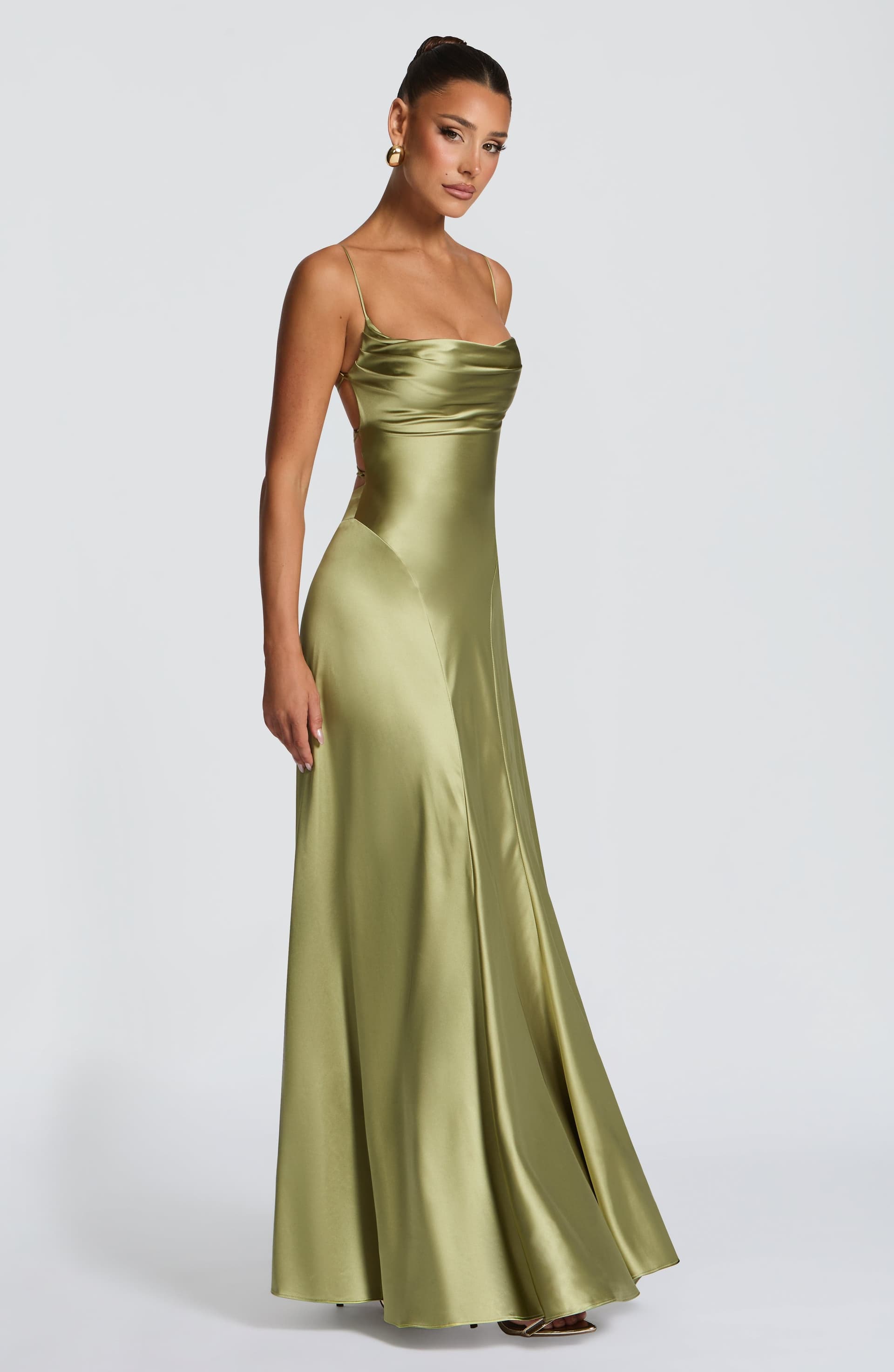 Adelina Maxi Dress Light Olive Satin Cowl Neck Lace-Up Back