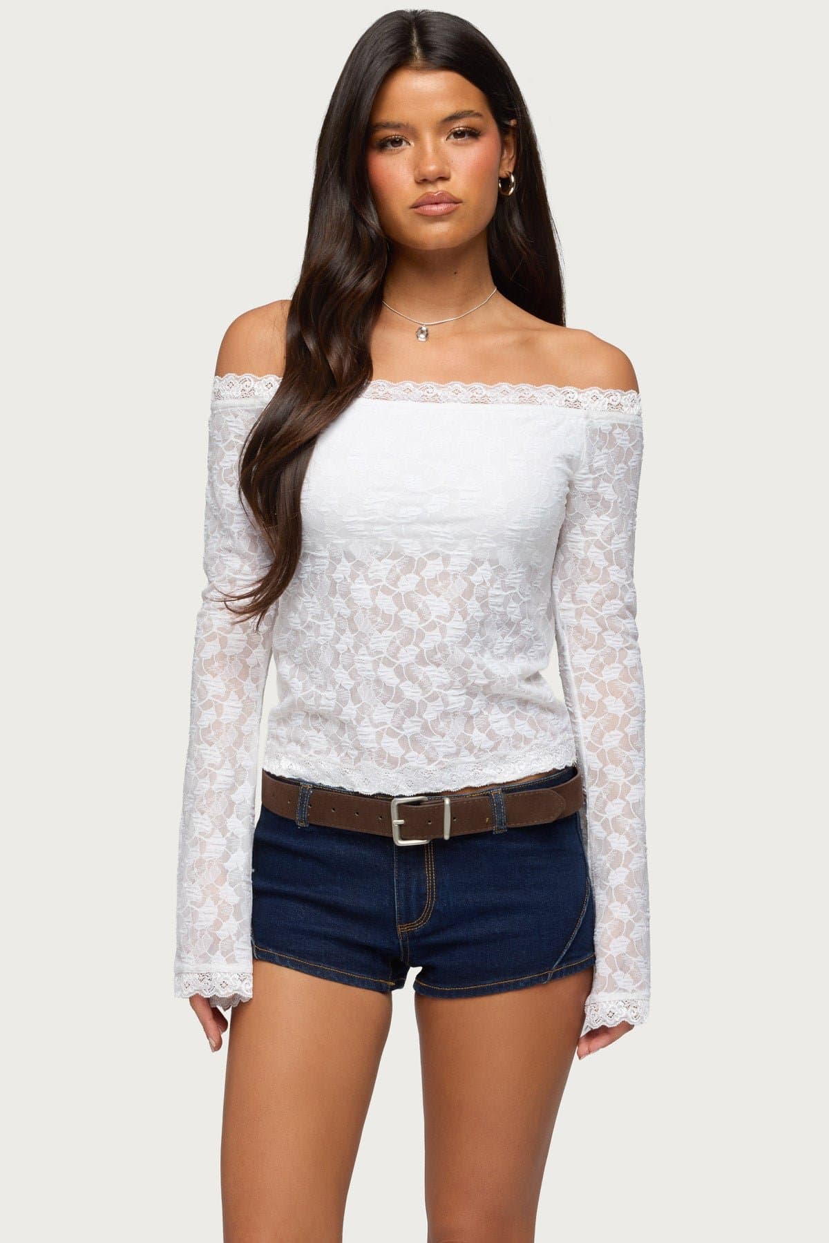 Off Shoulder Lace Top with Built-in Bra - Long Flared Sleeves, Scalloped Trim