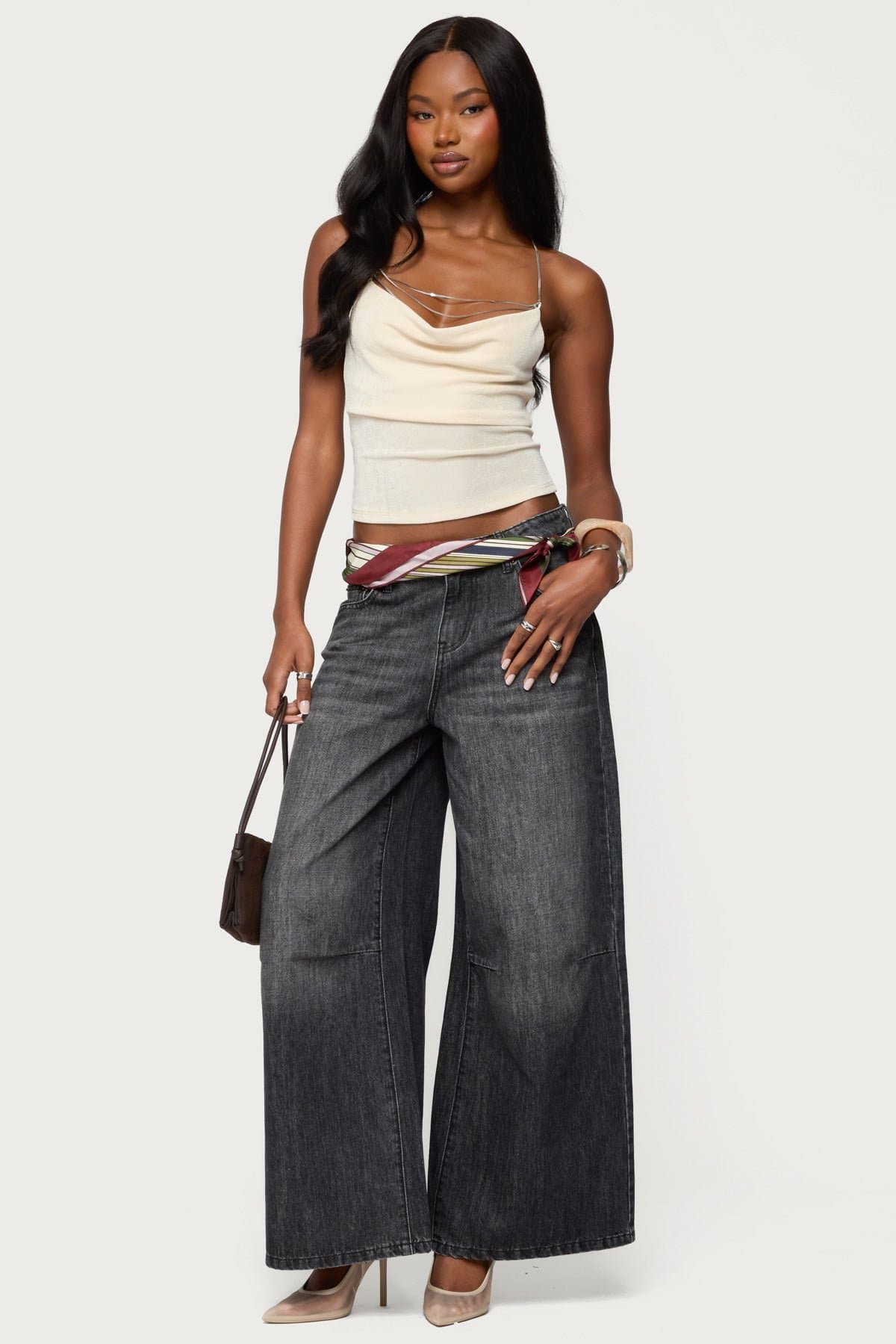 Khloey Chain Cowl Neck Top - Polyester Spandex Women's Blouse