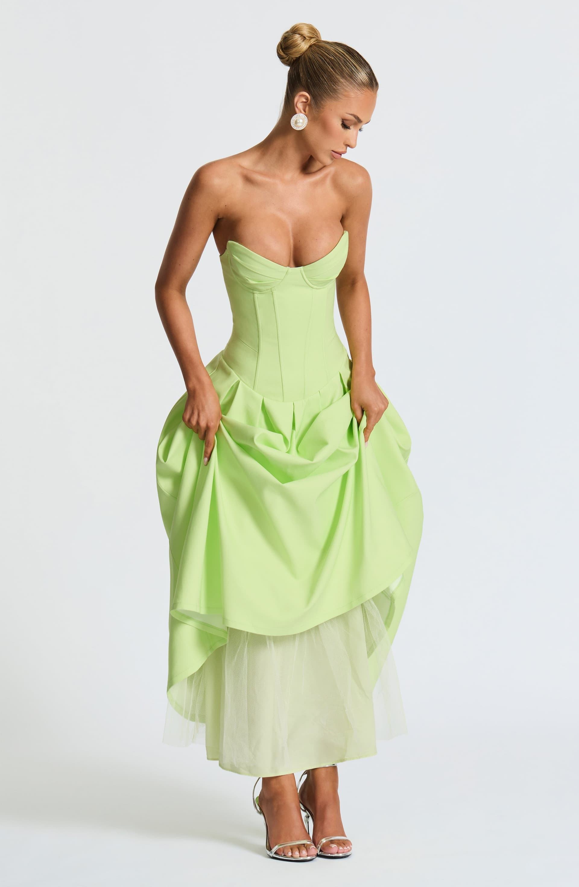 Salma Midi Dress Lime Green Stretch Bengaline Strapless Pleated Underwired